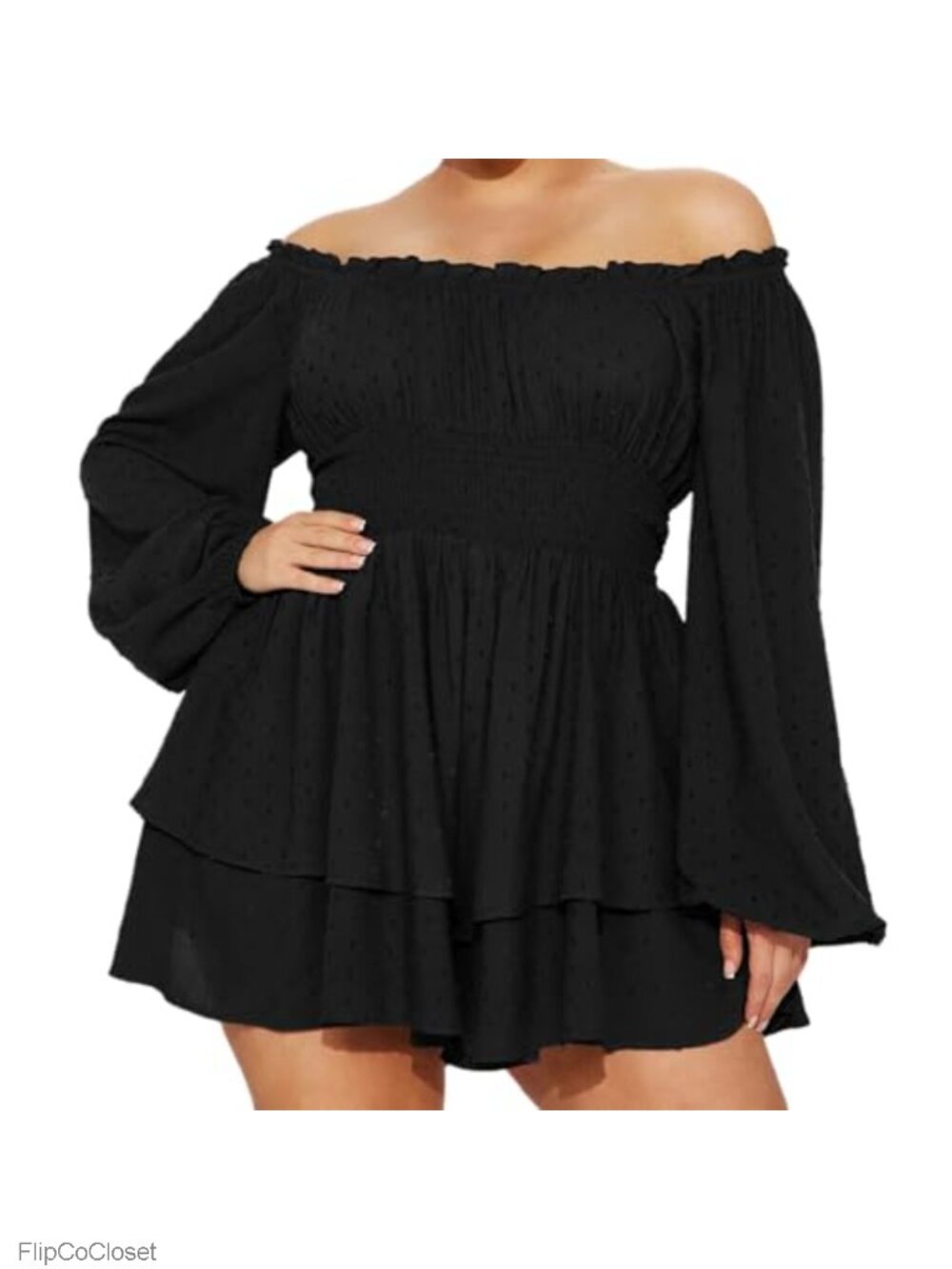 Plus Size Off Shoulder Romper Jumpsuit Flowy Swiss Dot Long Sleeve